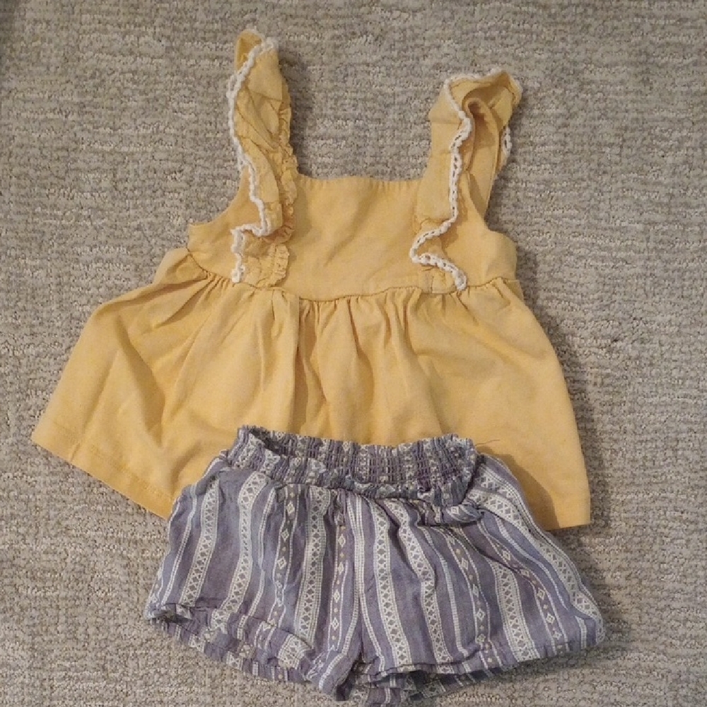 Yellow Ruffle Top and Striped Shorts Set